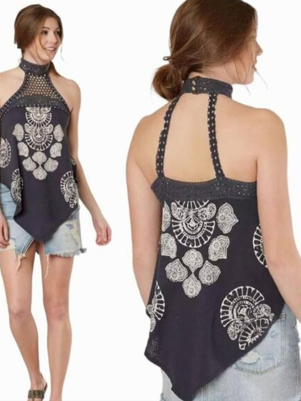 Free People Mandolin Crochet High Neck Tank Top Size Medium
